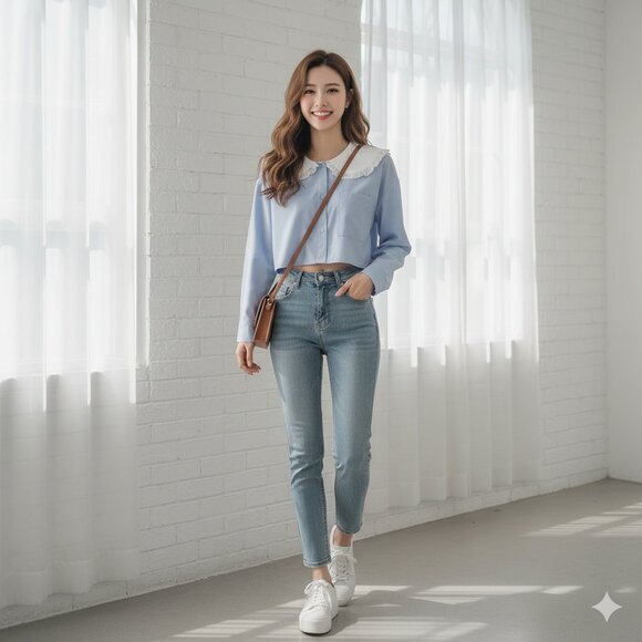 J.ING Blue with White Collar Button Down Long Sleeve Crop Shirt Top Size L NWT - Picture 1 of 10